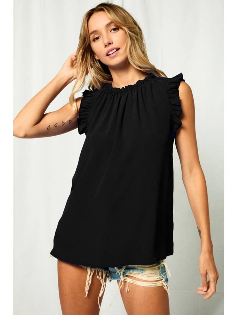 Ces Femme Black Ruffle Sleeveless Top SZ M